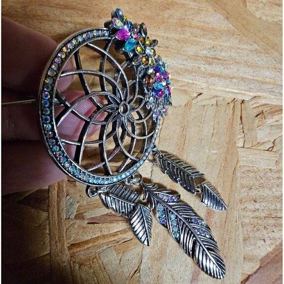 Large Dream Catcher Jeweled Brooch with Dangling Feathers 4 - Picture 6 of 8